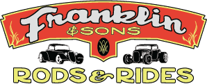 Franklin & Sons logo, mark with text and vintage hot rods, transparent background with black outlines